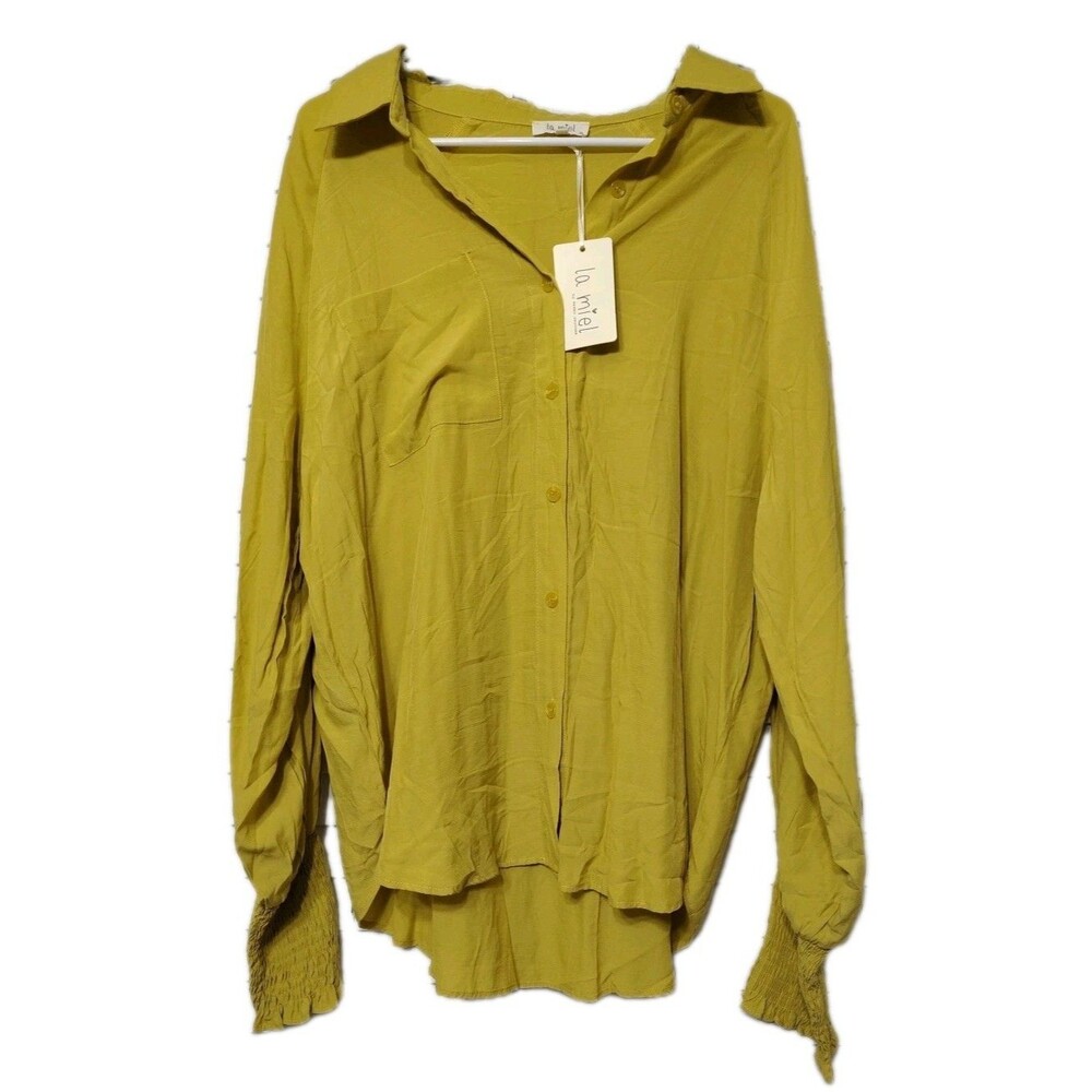 La Miel Mustard Yellow Button Down Long Sleeve Women’s Size Large Ruffle Cuffs